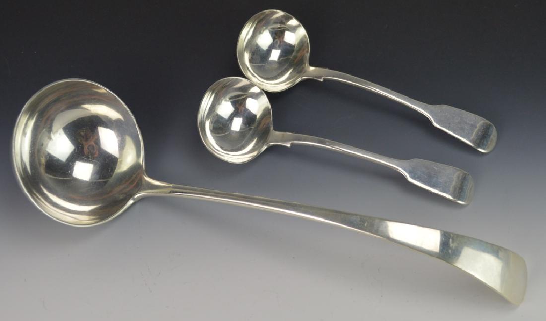 English Sterling Silver Ladle Grouping: Includes (2) George William Adams ladles dated 1866 that measure 7" and a large ladle by George Jackson and David Fullerton dated 1902 measuring 12". Weighs 14.35 ozt