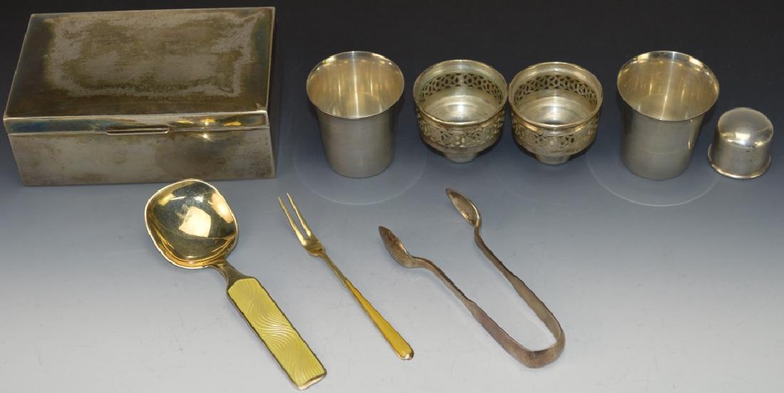 Sterling Silver Grouping: Includes (2) Gorham Sterling silver shot glasses, (1) sterling spoon, (1) fork, (1) silver box marked 830 measures 5"x3"x2". (9) hors d'oeuvre forks, (8) hors d'oeuvre swords. (2) sterling silver inse