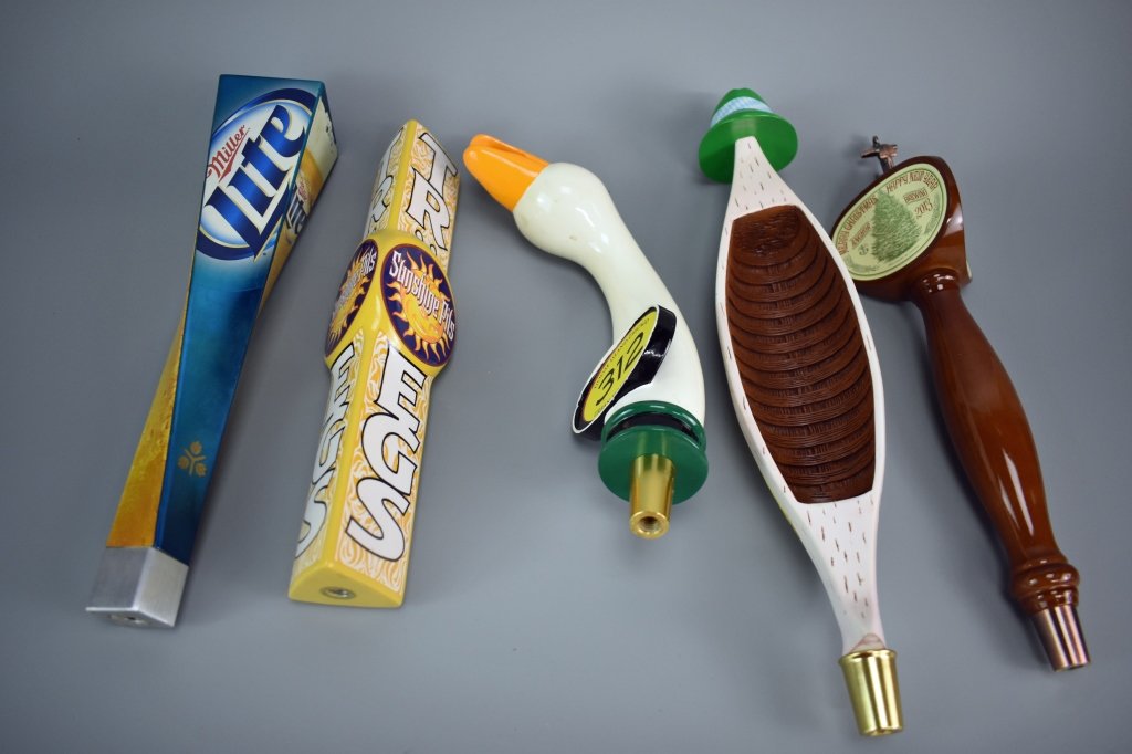 Vintage Beer Tap Handles: Including: (5) Beer Taps: Miller Lite, Tregs Sunshine Pills, Leinen Kugols Oktober Fest, Goose Island Chicago 312 and Anchor Brewing