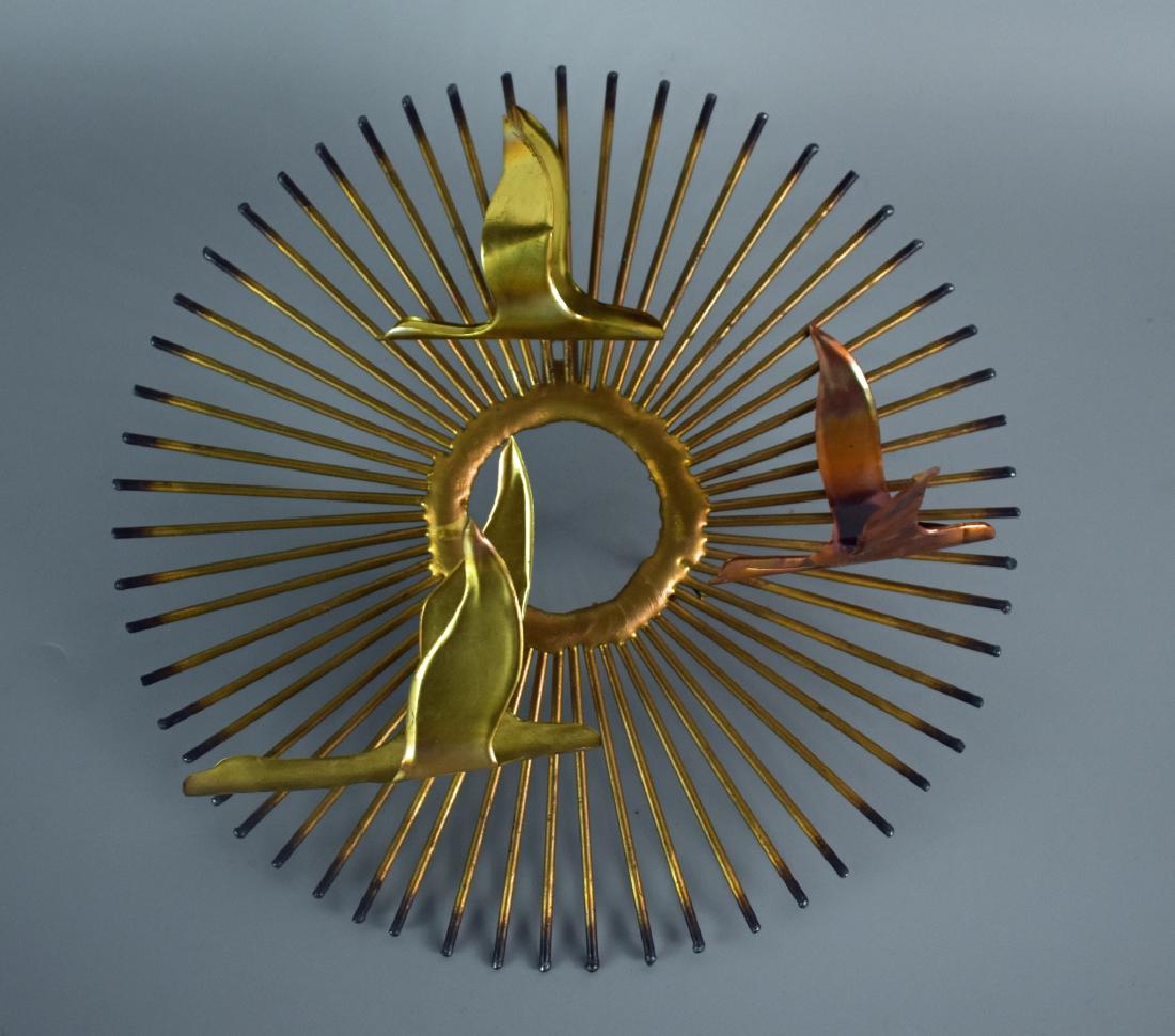 Mid Century Modern Wall Sculpture: Mid Century Modern Birds over Sunburst Metal Wall Art in the manner of Curtis Jere Appx (10.25").