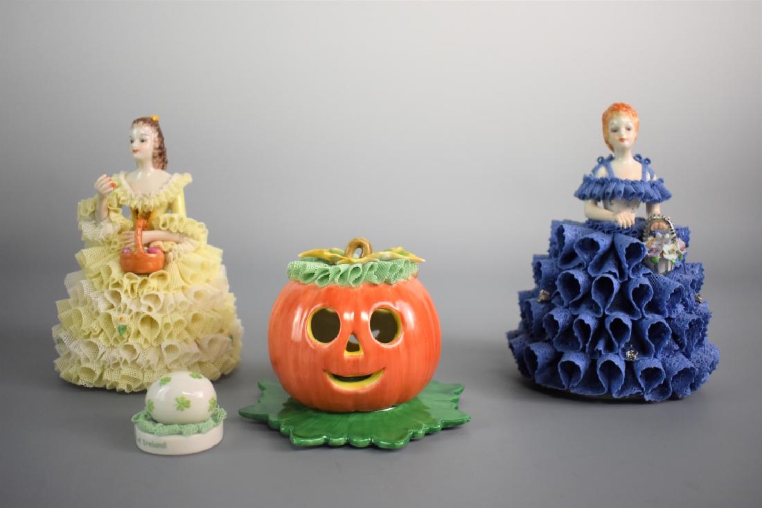Irish Dresden Grouping: Includes: (4) "Johanna" 25th Anniversary collection 1988 Ireland measuring: 6" and has original box, "Delicious" Sunshine collection, measuring: 5.5", Irish dresden egg measuring: 1", and finally an I