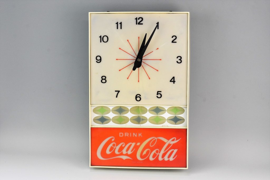 Vintage Coca Cola Bar Clock: Made In Ohio. Estimated 2" crack on back panel. Measures 12.5w x 20"l x 4.5" thickness.