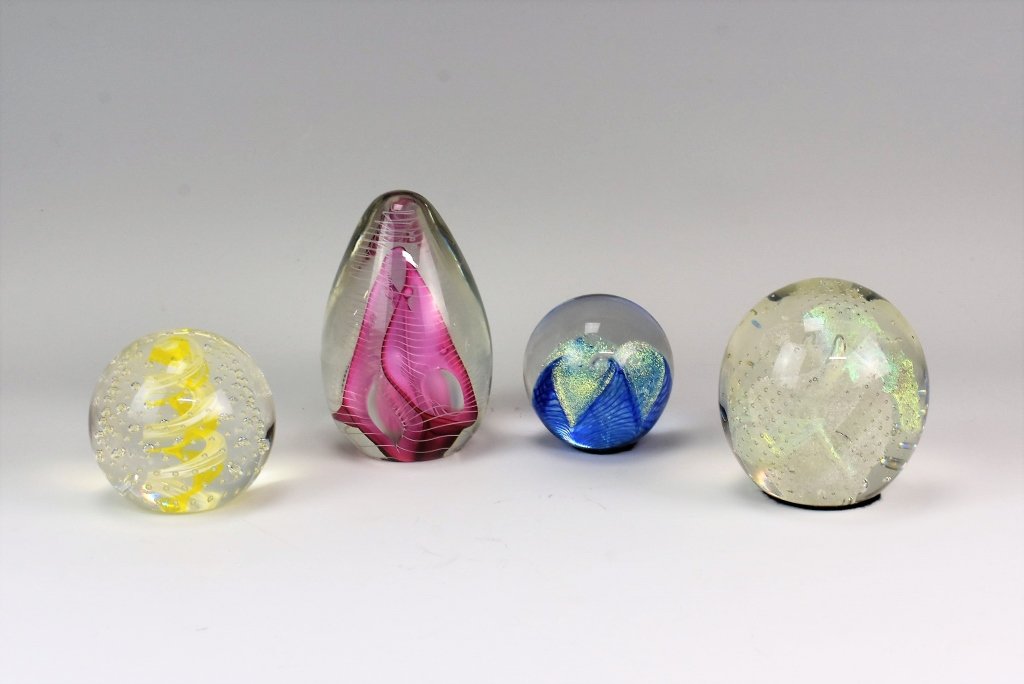 Murano Glass Paperweight Grouping: Includes: (4) beautiful swirled and egg shaped paperweights, one is marked JPW and the others have felt bottoms