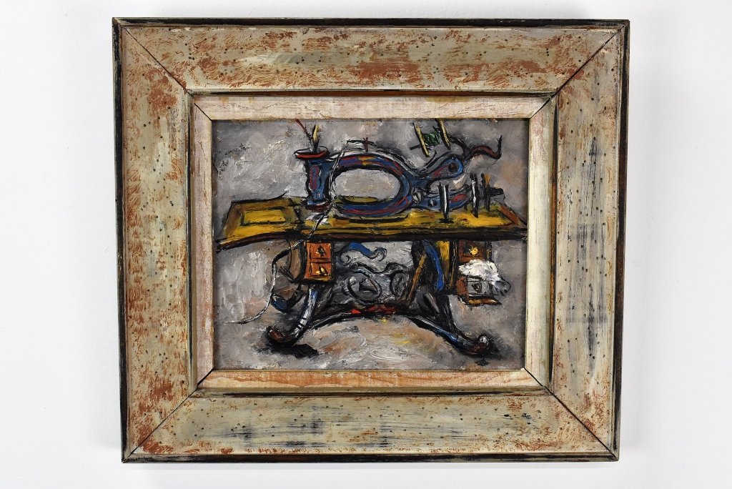 Sewing Machine Painting: Folk Painting of Sewing Machine, Oil on Board, Measuring: 15" x 13.25" with frame, 9.5" x 7.5" without frame