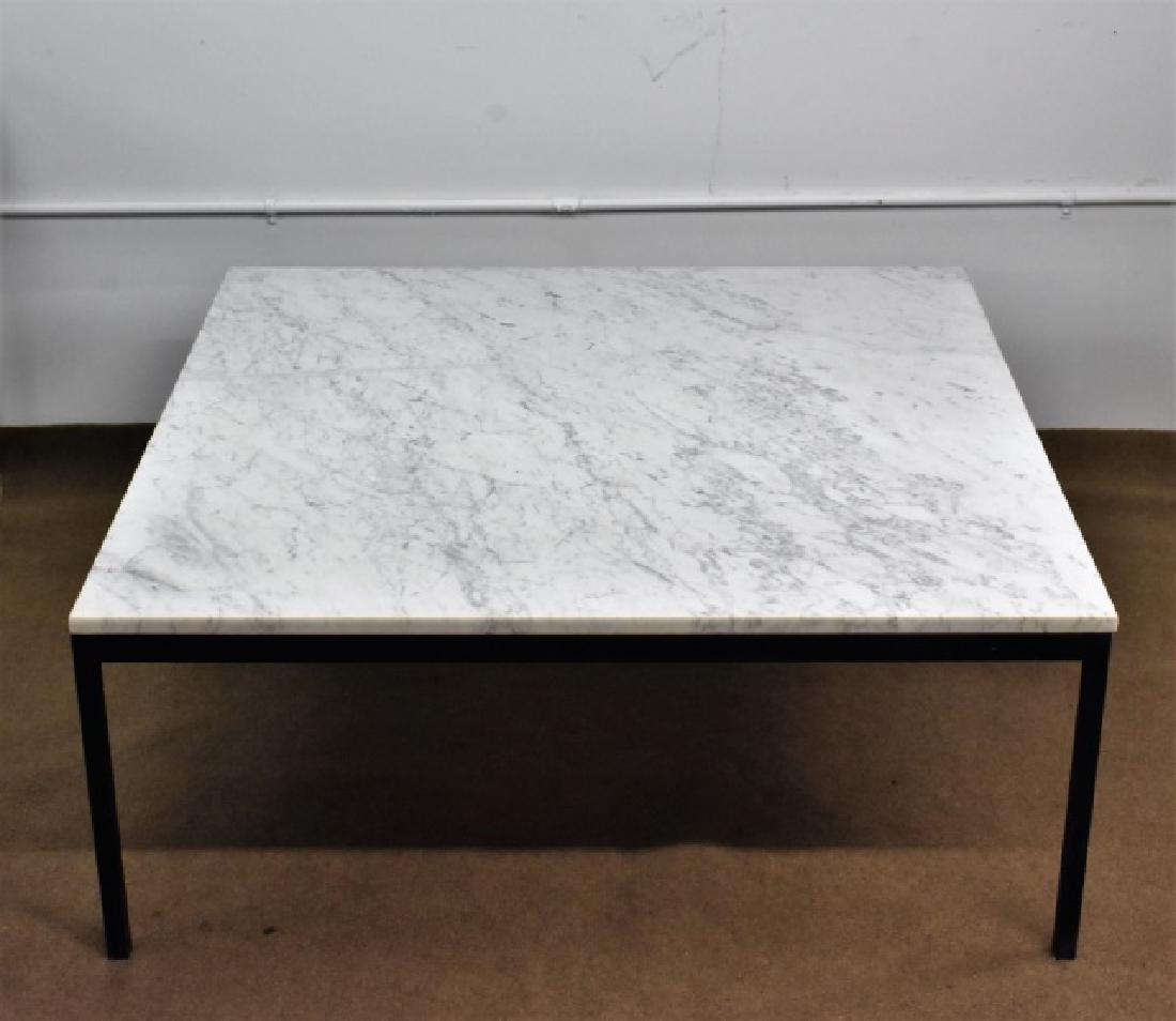 Florence Knoll Mid Century Coffee Table: White Marble top resting on metal frame circa 1966, measuring: 42" x 42" x 17"