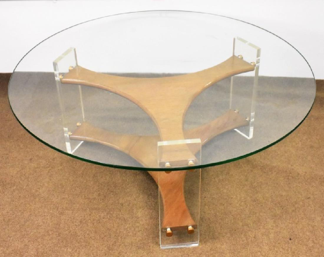 Mid Century Modern Acrylic Walnut Coffee Table: Mid Century Modern Acrylic Walnut Coffee Table has plateglass top resting on acrylic/lucite base with original fittings with older repair to underside of base, from local estate circa 1968, measuring: