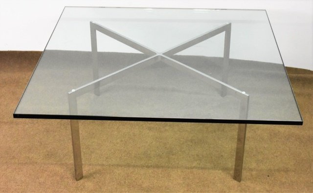 Mies Van Der Rohe for Knoll Studio Table: Mies Van Der Rohe (1886-1969) for Knoll Studio (American, New York, 1938-) designed 1929, Barcelona Table with polished stainless steel "X" for Base with signature, measuring: 17" x 40" x 40"