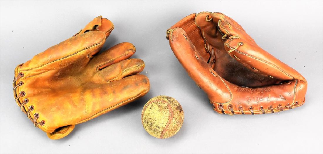 Antique Baseball Glove Grouping: Includes G11 Antique catchers mitt, Antique catchers mitt marked Natural Ball Pocket, William Thomas Personal Model, MacGregor G105. Antique Baseball also included. Total weight is approx. 2.18lbs