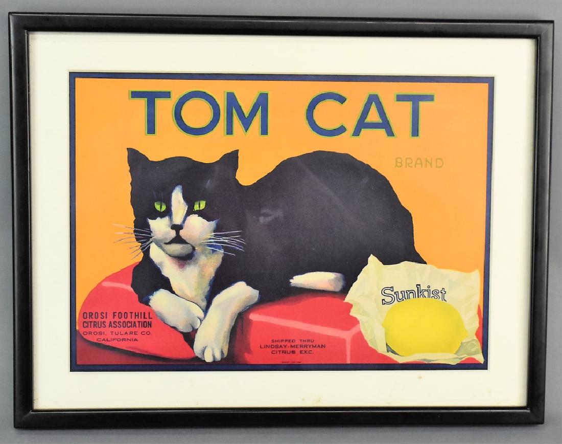 Tom Cat Brand Fruit Label: Framed California fruit crate label Tom cat: Tom Cat brand lemons (Orosi, California)overall: 16.75''h x 17''w. weighing: 2.48Ibs