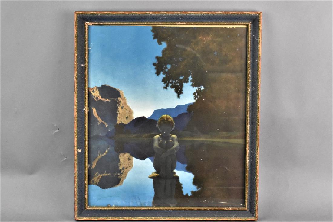 Maxfield Parrish Evening Print: A full color Maxfield Parrish print published by Reinthal & Newman of the House of Art in Art Nouveau gold and deep blue frame. Measures approx. 13.5" by 12" without frame. Total weight is approx. 2.2
