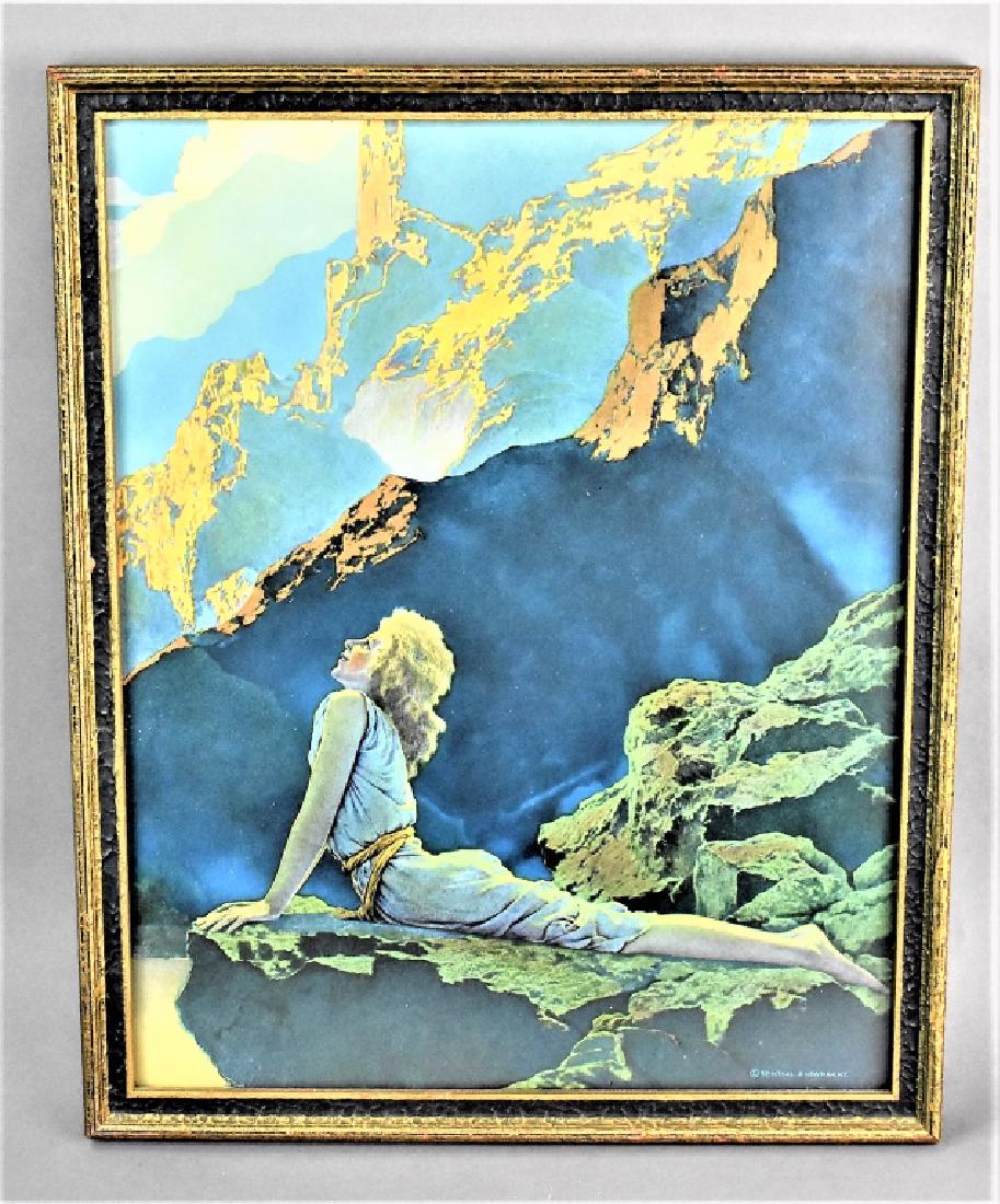 Maxfield Parrish Wild Geese Print: A Maxfield Parrish 1924 'Wild Geese' color print by Reinthal & Newman in an Art Nouveau gold and blue frame. Measures approx. 14.5" by 11.5" without frame. Total weight is approx. 2.2lbs