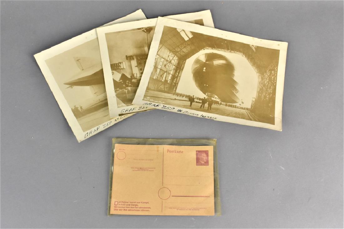 Graf Zeppelin Photograph Grouping: Grouping includes (3) original photographs of the Graf Zeppelin: (1) in a German Hangar, (1) at Lakehurst, and (1) of the Graf Zeppelin Radio Room. Also included is an unused German Reich WWII Hitler