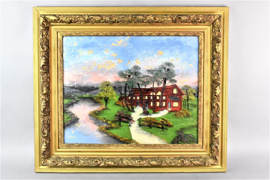 Landscape Reverse Painting on Glass: A Reverse Painting on Glass with Abalone or mother of pearl Shell. A challenging technique, since painting has to be done backwards. Depicts a house by a river in the countryside with abalone shell de