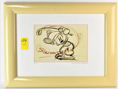 Disney Cel Mickey Mouse: Mickey Mouse, Swoosh . Orignal story sketch from (Canine Caddy 1941). Frame is 17 x 14. Viewable area is 8 x 6 1/4. From Local Lehigh Valley Estate. All Disney lots guaranteed authentic. Provenance: P