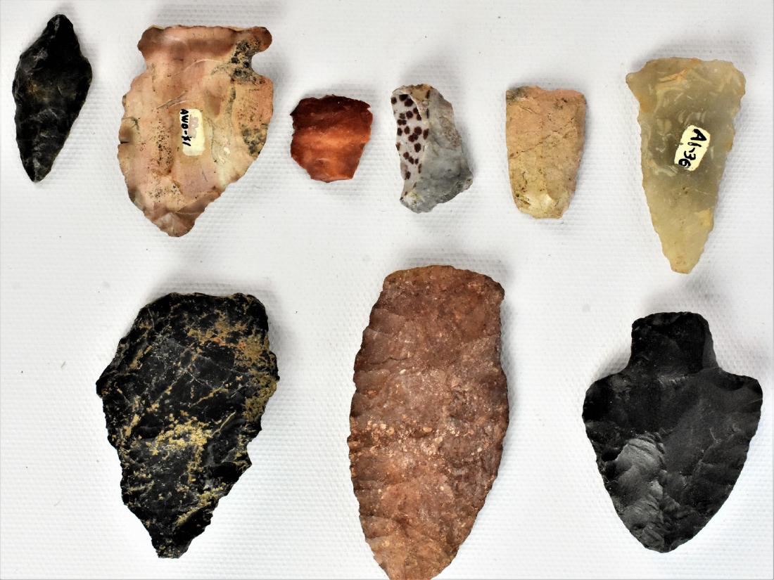 Grouping of Native American Arrowheads: Grouping consisting of flint arrowheads, some retaining their museum tags. Local Lehigh Valley Collector.