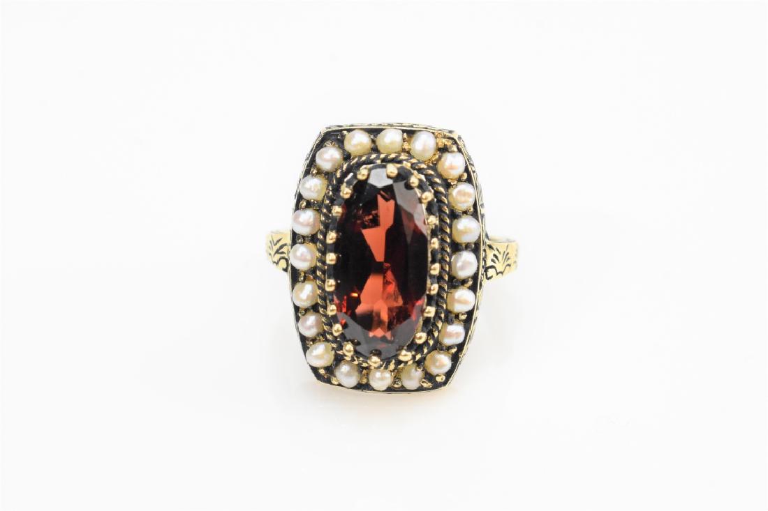 10K Yellow Gold Garnet and Seed Pearl Ring: A 10K Yellow Gold Garnet and Seed Pearl Ring
