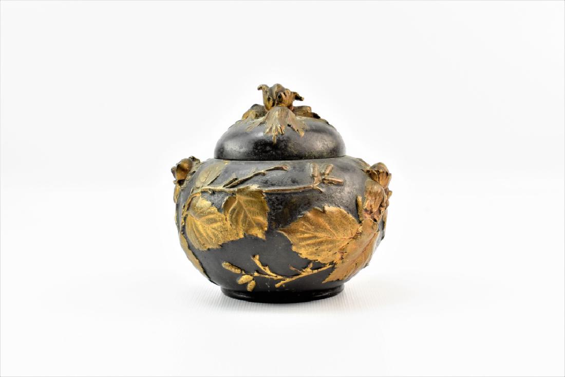 A. Vibert Bronze Ginger Jar or Vessel: A heavily ornate bronze ginger jar or vessel, parcel gilt, with foilage and stems. Original finish or gray petina. Signed A. Vibert. Measures approx. 4.5"h by 4.25"w