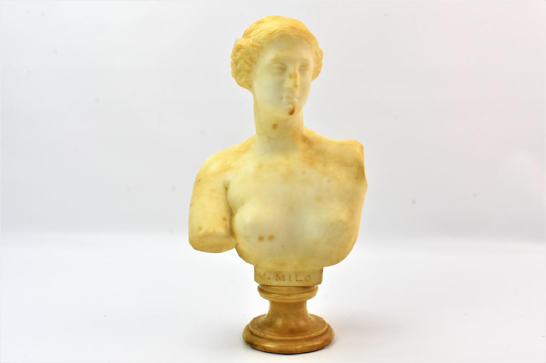 V. Milo Marble Bust of Woman: Marble bust of Venus De Milo measuring 11in in height and 6in in width. Engraved "V. MILO" after the Venus de Milo, better known as the Aphrodite of Milos, an ancient Greek statue.
