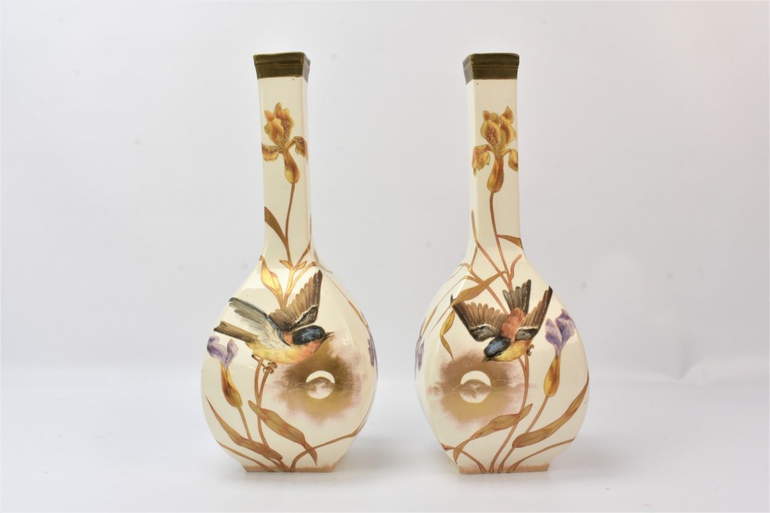 Royal Bonn Franz Anton Mehlem Vase Grouping: Grouping includes (2) Royal Bonn Franz Anton Mehlem Vase: 2 flower vases with foral design with birds, measuring 12in in height and 4.5in in width.