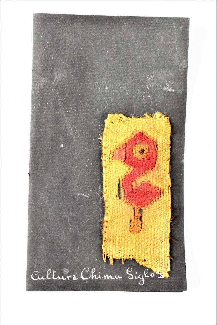 Pre-Columbian Textile: A fragment of Pre-Columbian Textile from the Chimu Culture. The culture arose about 900 AD, succeeding the Moche culture, and was later conquered by the Inca emperor Topa Inca Yupanqui around 1470, fi