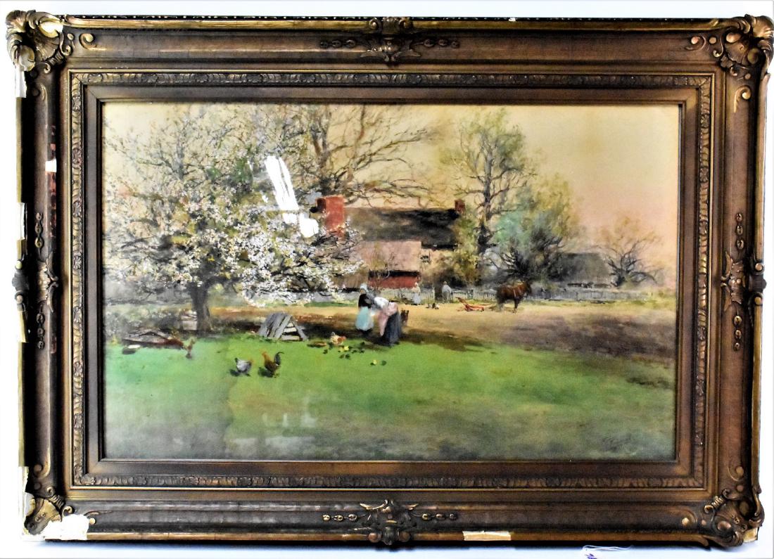 F.F. English Watercolor/Watercolor and/or Pastel: An F.F. English (b.1854) Watercolor and/or Pastel on Paper depicting a farm scene with dogwood. Studied under Thomas Eakins, attended the Pennsylvania Academy of Fine Arts. Some staining on left side