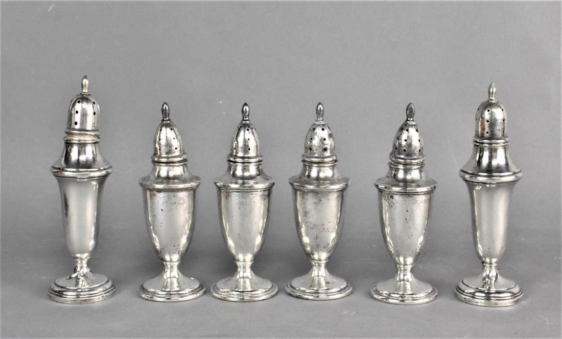 Sterling Salt and Pepper Shaker Grouping: Grouping includes (6) Sterling Salt and Pepper Shakers, (2) are hallmarked SE inside of a diamond, sterling, JW Eagle with 925/1000, reinforced 829 and are weighted, weighing 3.28ozt. (4) Sterling Sil