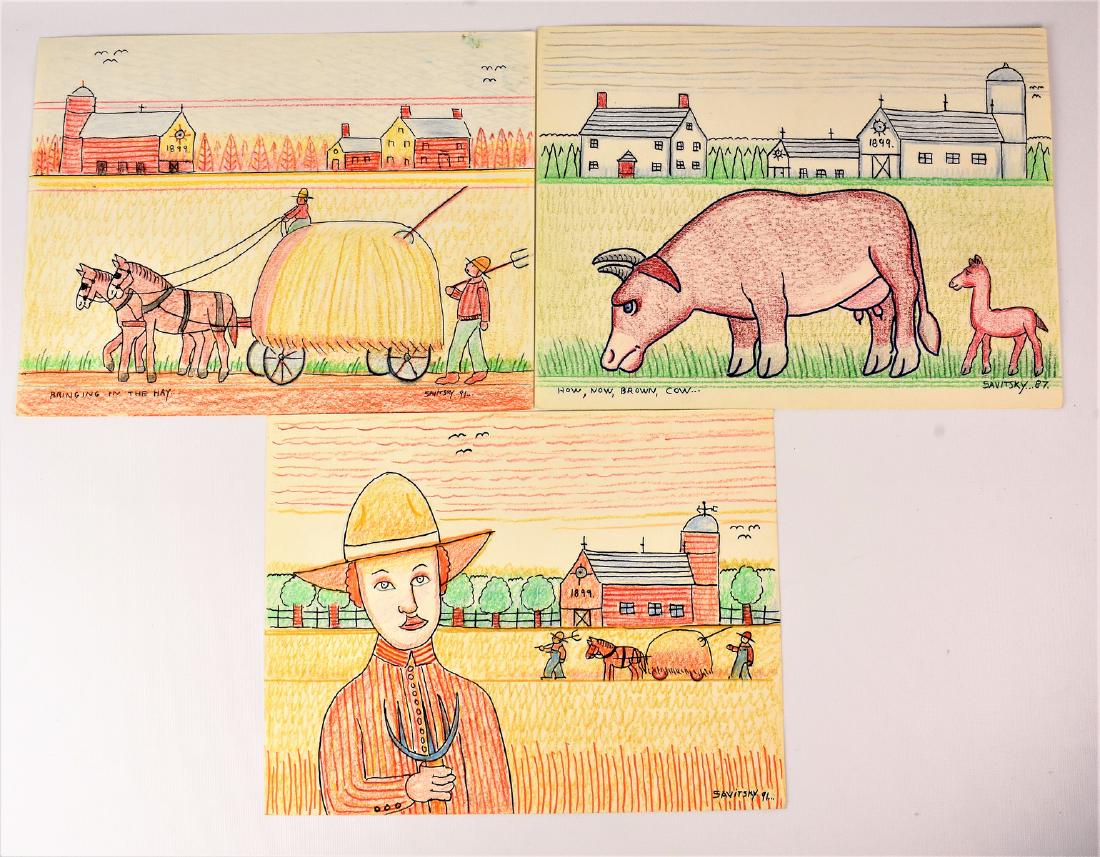 Jack Savitsky (B. 1910) Outsider Art Grouping: Grouping includes amazing collection of outsider/folk art by Jack Savitsky (B. 1910-1991) Grouping incldues (5) drawings which are titled, 'Summertime Bringing in the Hay," "How, Now, Brown, Cow...",