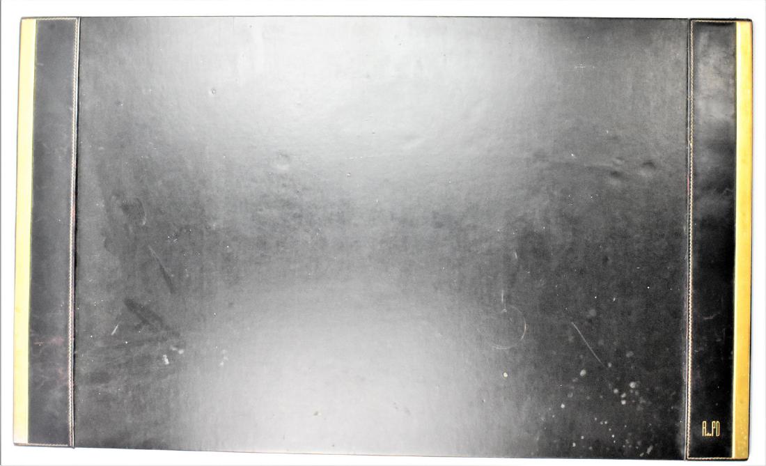 Mark Cross Desk Mat and Accessories Dupont Estate: Mark Cross Desk Mat and Accessories from the Dupont Estate with brass mounts, along with two leather cups for pens. The smaller cup has a chip on it. Also included is a business card holder for Alfred