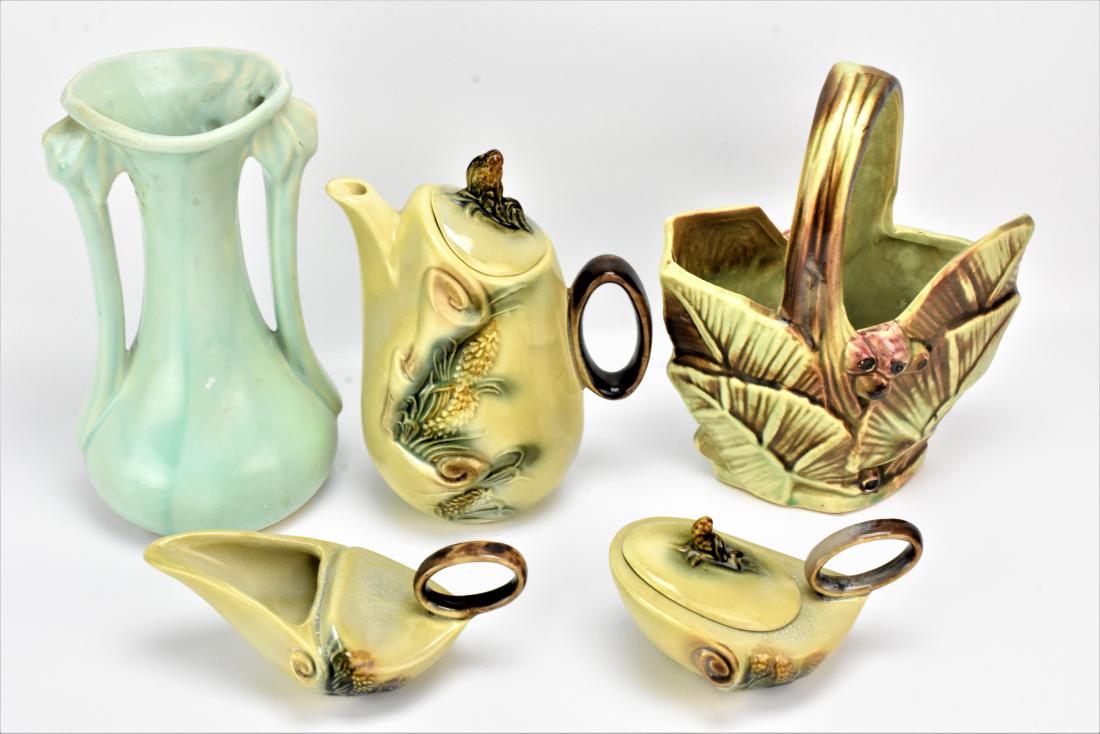 Vintage Hull Pottery Set: A Vintage Hull "Parchment and Pine" Set, including an Instant Coffee Pot, lidded sugar bowl, and creamer. Also included are a Vintage McCoy Palm Leaf and Berry Basket and an Double-Handled Art Glass V