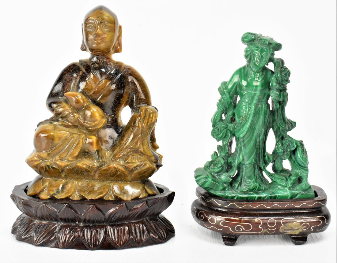 Chinese Malachite & Tiger Eye Sculpture Grouping: Chinese Malachite & Tiger Eye Sculpture Grouping,including Woman With Roses and a Buddha both with stands