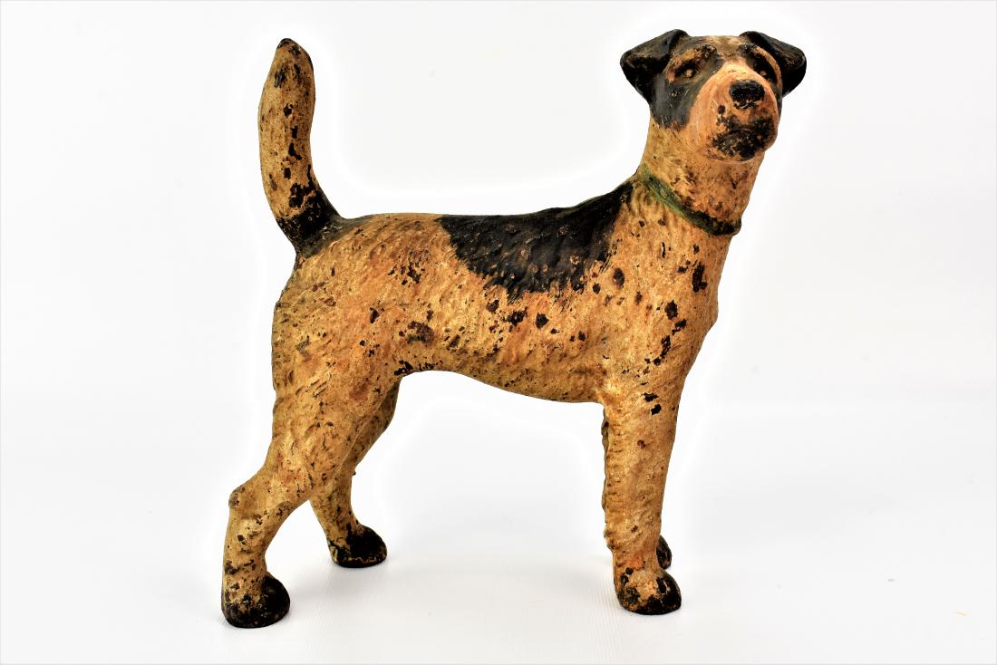 Antique Hubley Cast Iron Fox Terrier Door Stop: An Antique 1930s Hubley Wire Hair Fox Terrier Airdale Dog Door Stop measuring approx. 8.5"h by 8"l