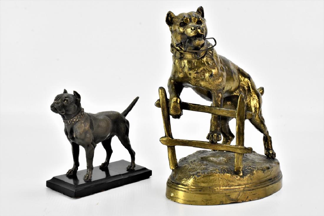 C. Voltan Boxer Sculpture Grouping: Lot consists of a sculpture of a boxer on a fence signed C Voltan. Guilt bronze patinated finish over Spelter along with a bronze or iron sculpture of a boxer in the manor for Franz Bergman, marble ba