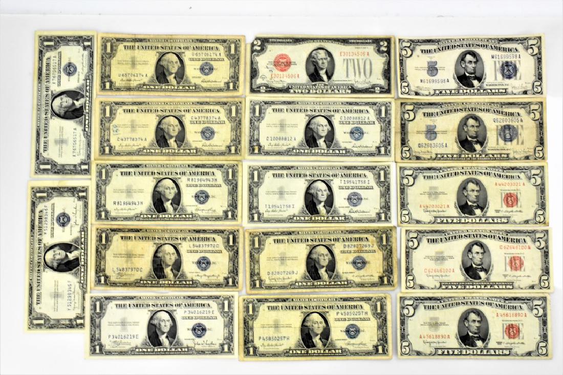 Silver Certificate and Red Stamp Notes: Grouping includes: (17) notes (11) $1.00 notes ranging in years from 1935D, 1957B, 1935C, 1935A, 1935E, 1957, 1935H, and 1935F (error)(1)$2.00 note, 1928G Red Stamp (5) $5.00 notes ranging in dates fr