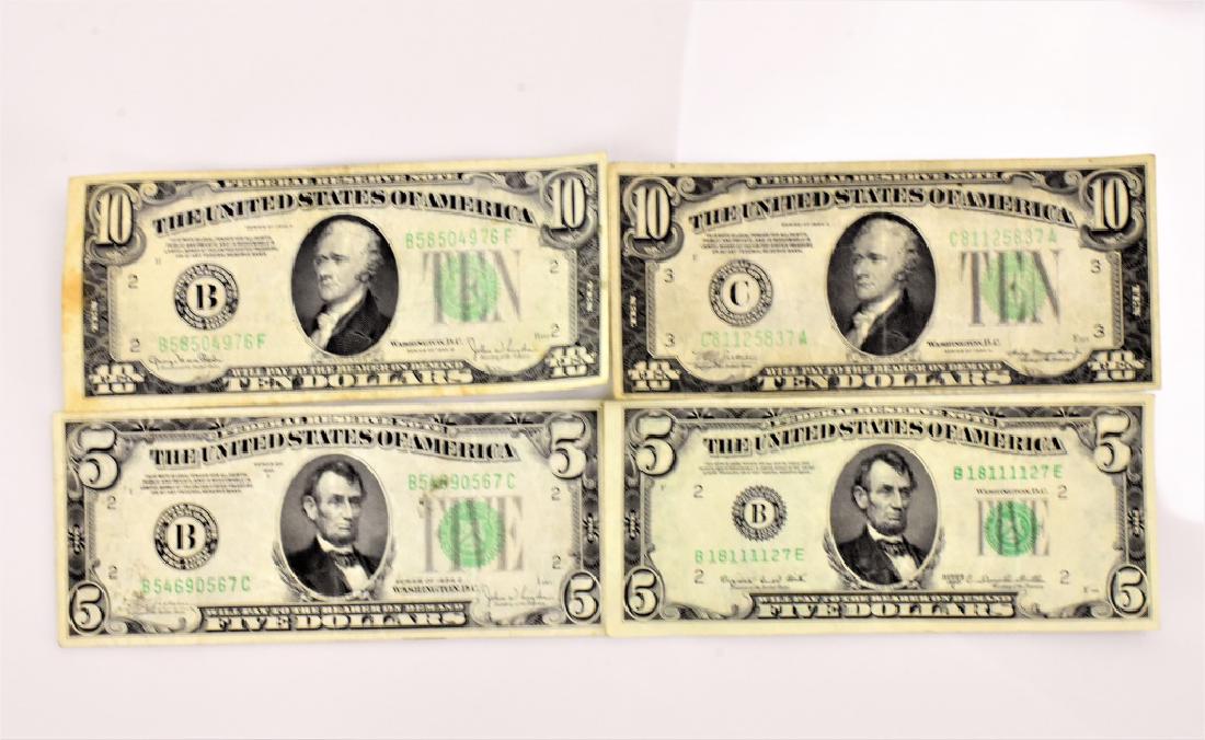 State Bank Note Grouping: Grouping includes (4) State Bank Notes: (2) $5.00 notes (New York 1950C and 1934C) (2) $10.00 notes (Philadelphia, PA 1934A and New York 1934D).
