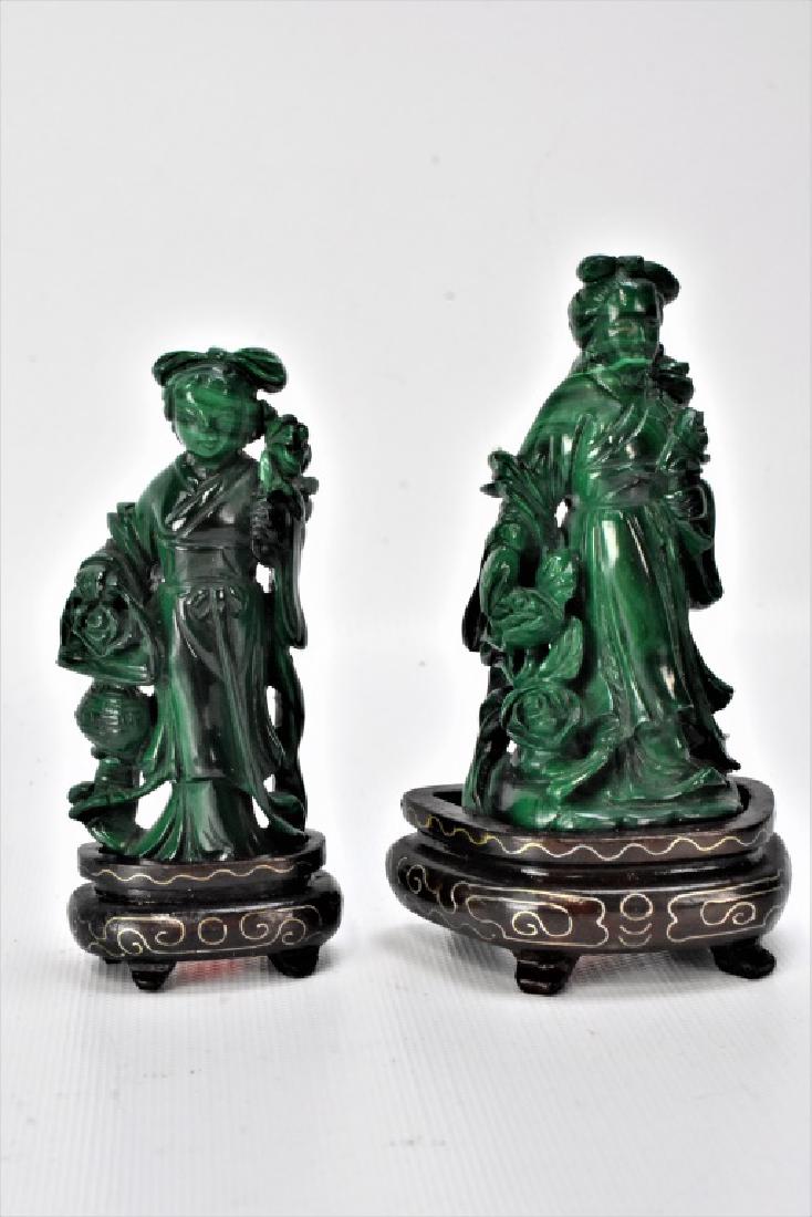 Chinese Carved Malachite Figures: Grouping includes (2) Carved Malachite Chinese Figures measuring approx. 4"h