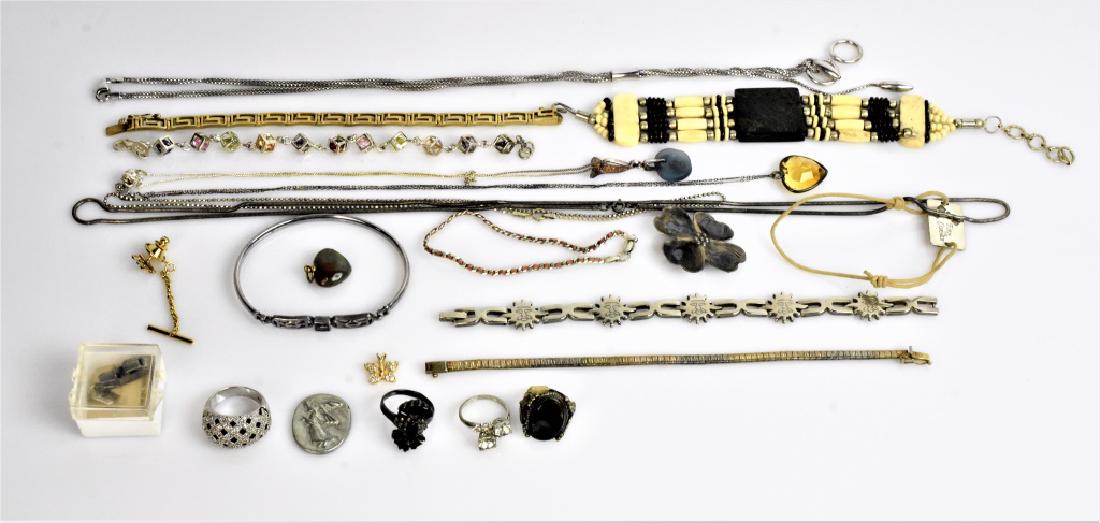 Sterling Silver Jewelry Grouping: Includes marcasite and cabochon rings, brooches, sterling silver bangle with amethyst colored stone, Ross Simons faux pearl necklace in the box, and other sterling bracelets