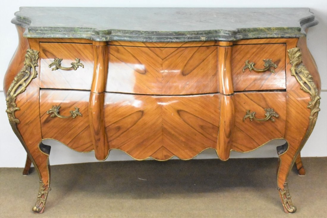 French Marble top Commode With Bronze Mounts: French Marble top Commode French commode with marble top and figural bronze mounts. measuring: 60" x 26" x 35"