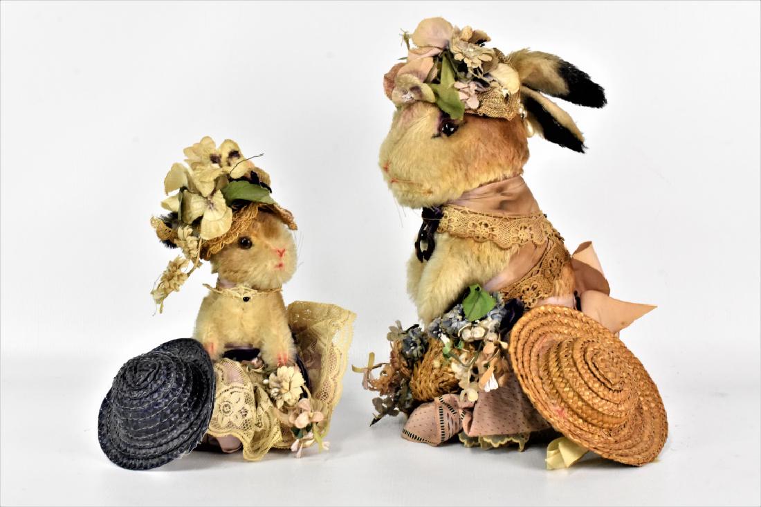 Steiff & Helen Ratkai Rabbit Grouping: Grouping includes (2) Helen Ratkai Couturiere Steiff Rabbits, the largest of which measures approx. 12"h. Both have the Helen Ratkai tag.