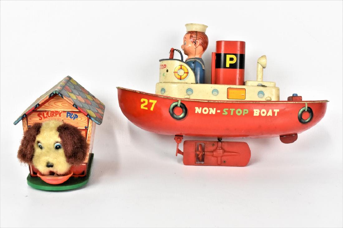 TinToy Grouping: Includes; Slurpy Pup and Non-Stop Boat tin toy. As found in the estate, working condition is unknown