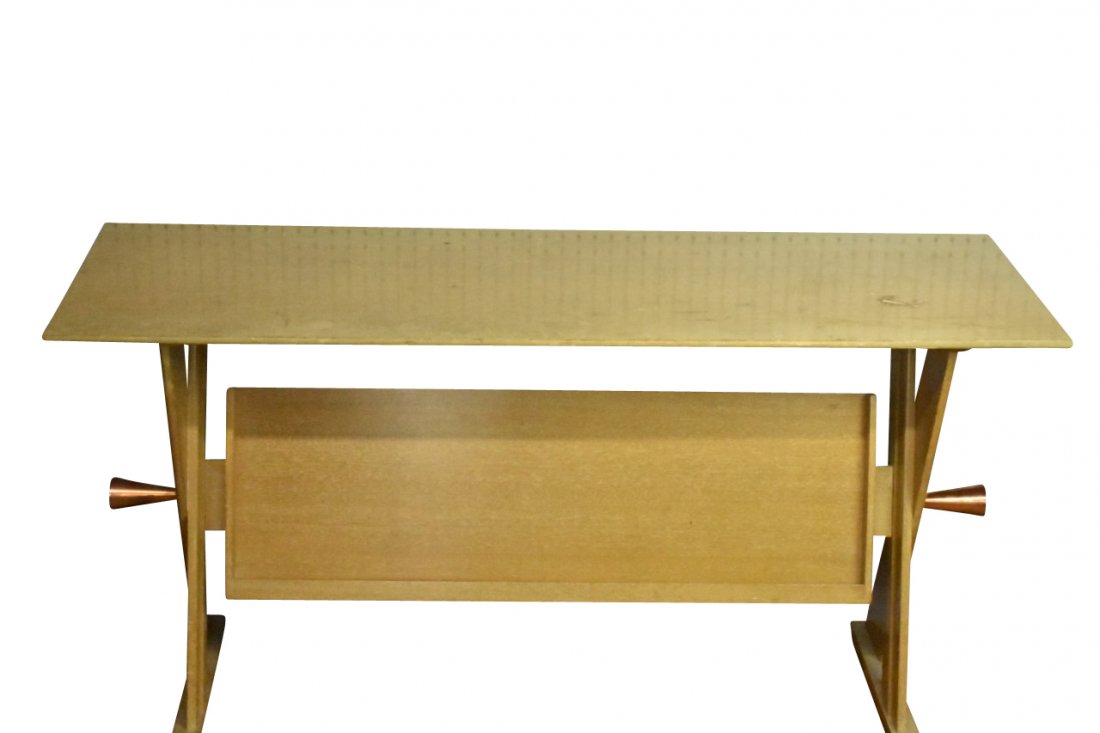 Paul Laszlo Serving Table: Paul Laszlo Serving Table with display or magazine rack, signed, Brown-Saltman CA, Paul Laszlo. Top is worn.