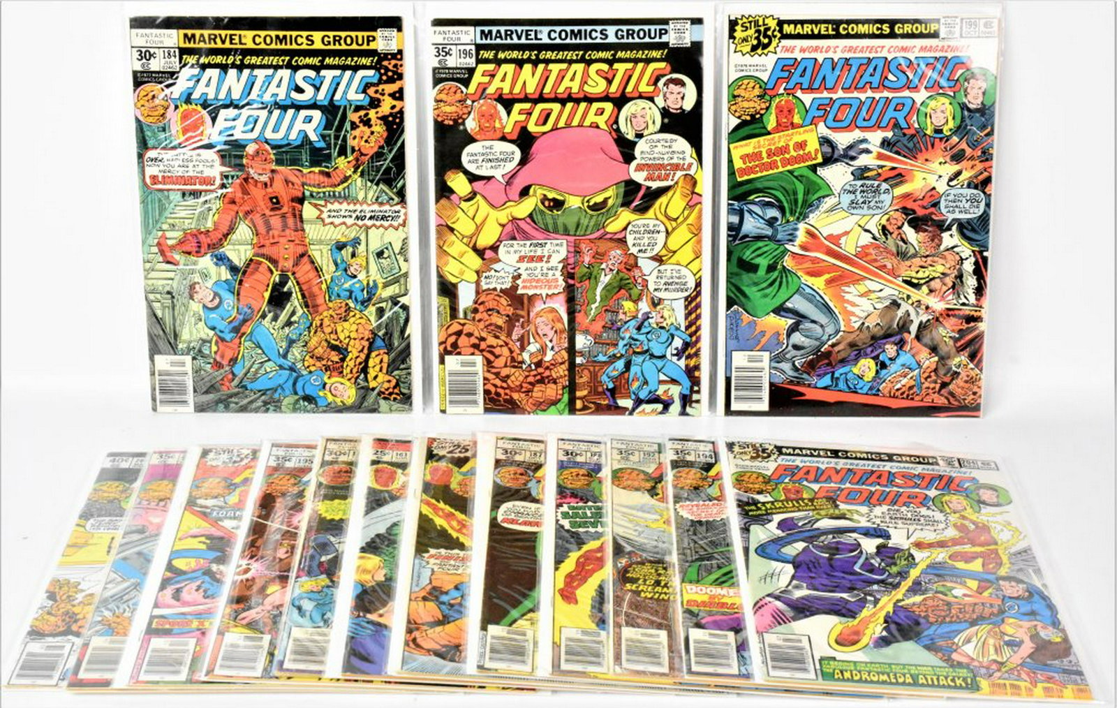 Fantastic Four Bronze & Copper Age Comics: Includes: (15) #161 - #206 issues, 1st appearance of the Eliminator, Clone of Dr. Doom, Origin & Death of Clone, Nova Corps, Queen Adora & Xandor, Perez Art