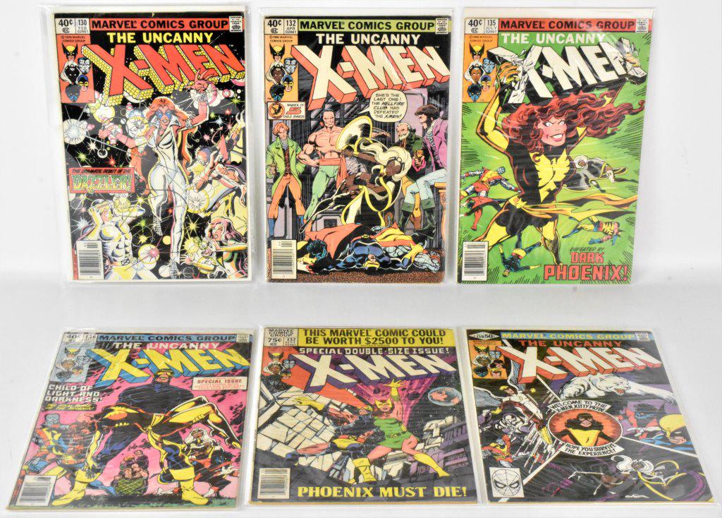 X-Men Comics: Issues: #130,132,135,136,137, 139 Includes- 1st appearance of Dazller, Senator Robert Kelly, Heather Hudson, Origin of the X-Men retold, "death" of Phoenix, Jimmy Carter, Silver Surfer and Spiderman a