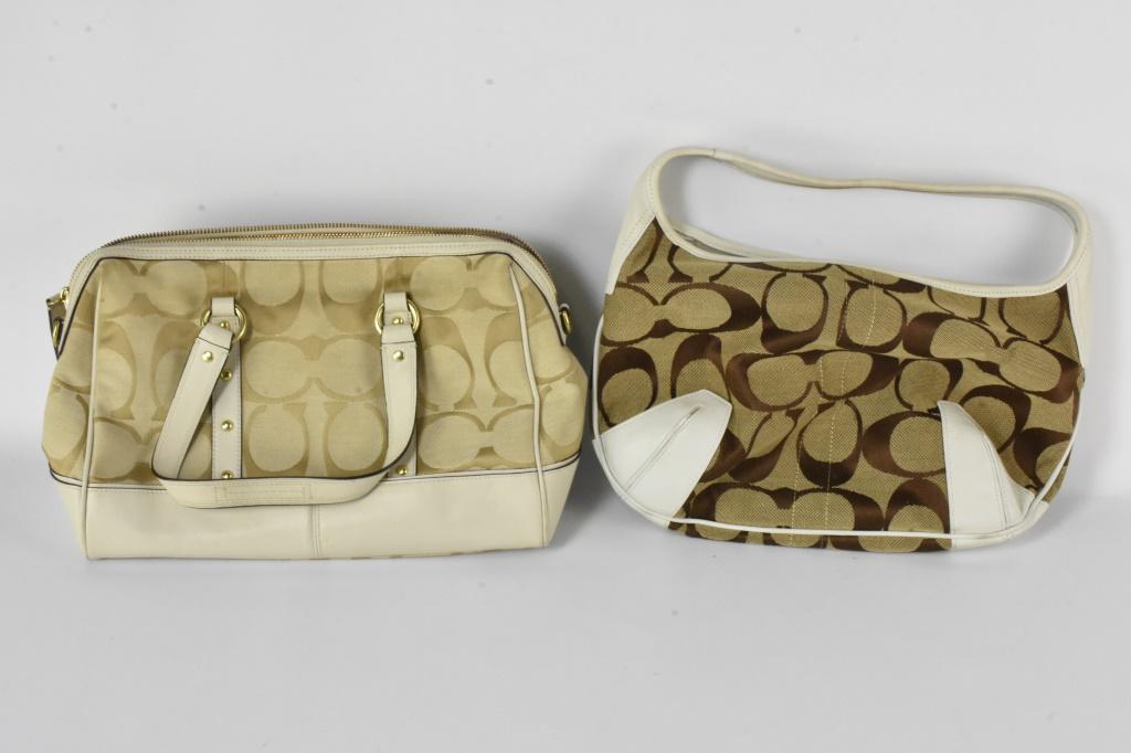 Vintage Purse Grouping: Lot includes: Coach Nancy Creed #J1051 - f 16266 Khaki Canvas and leather stitched limited edition siganture satchel, as well as Style Coach #10764 Hobo Handbag, ergo shoulder brown tan, lined in brow
