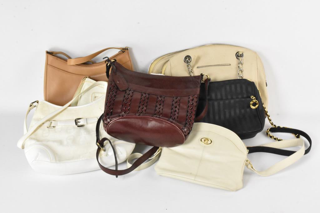 Vintage Purse Grouping: Collection of (4) Etienne Aigner Handbag varied colors and (1) Dana Buchman, (1) Jay clanborne (1), LJs collection Largest measures approx. 10"h by 13"l