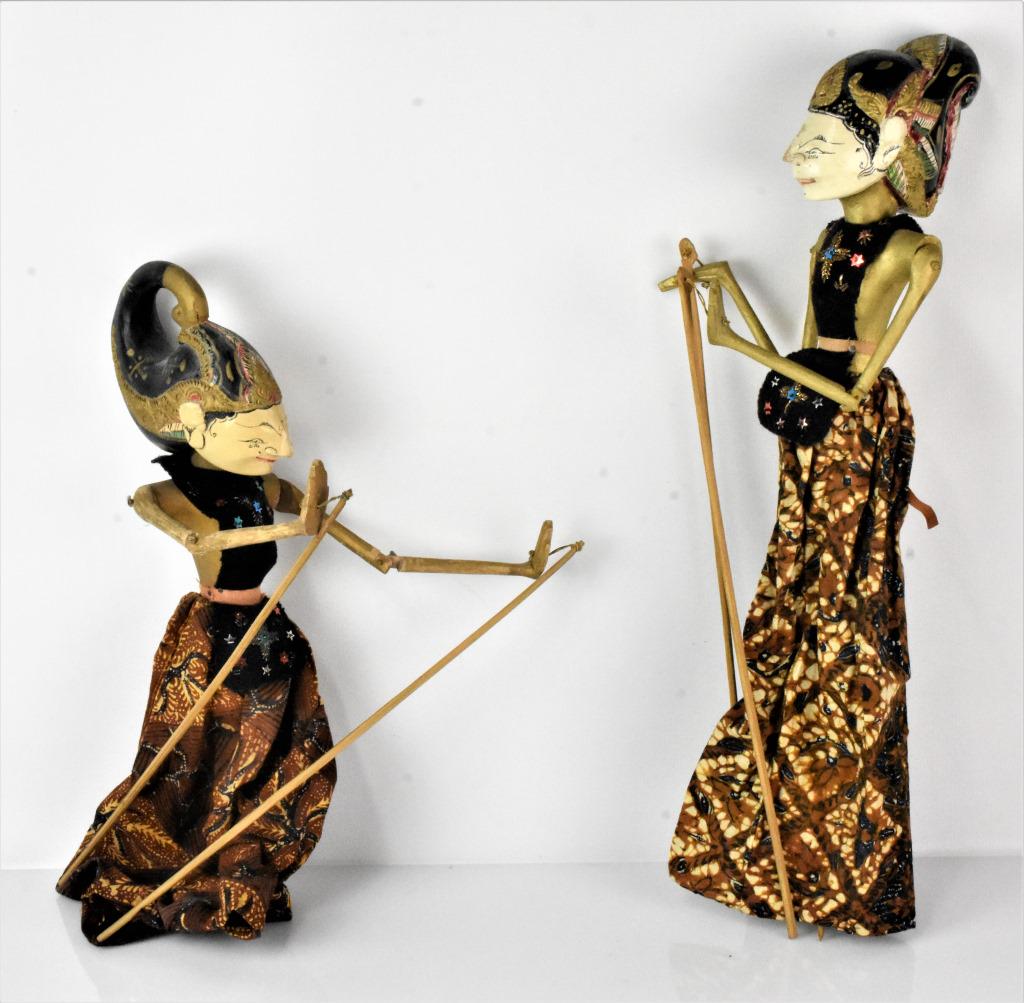Indonesian Wayang Golek Marionette Puppets: Pair of Indonesian Wayan Golek Marionettes, the largest of which measures approx. 19"h Provenance: From the Estate of Cecil Blocker, previously exhibited parts of his collection at the Cincinnati Art 