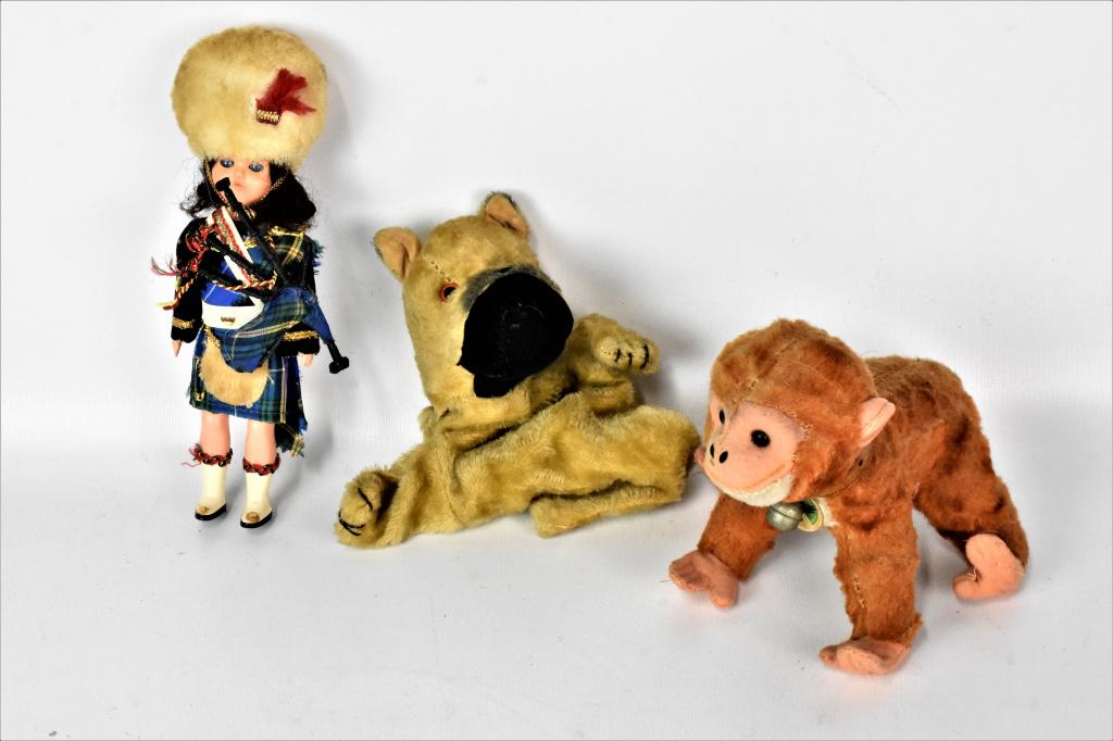 Steiff Mohair Hand Puppet & Toy Grouping*: Includes; One stuffed monkey toy, one Steiff hand puppet, and one bagpipe doll. As found in the estate, working condition is unknown