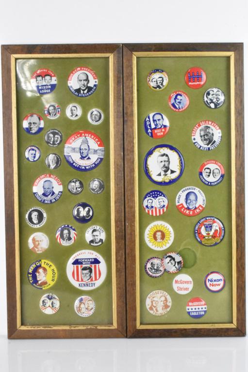 Political Pin Grouping: Grouping includes (40) total framed vintage reproduction political pins (20 in each frame) of various political figures such as Nixon, Kennedy, Woodrow Wilson, Eisenhower, Roosevelt, Dewey, plus many 