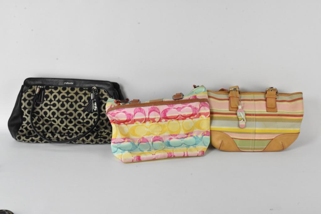 Coach Purse Grouping: Grouping includes (3) purses; Coach # No M0749-11756 Colorful Coach Purse hobo handbag, Coach #No. D1326-2526 Madison Black Grey Op Art Kimberly Carryall Coach No. A04J - 4435 Multi Stripe Handbag Lar
