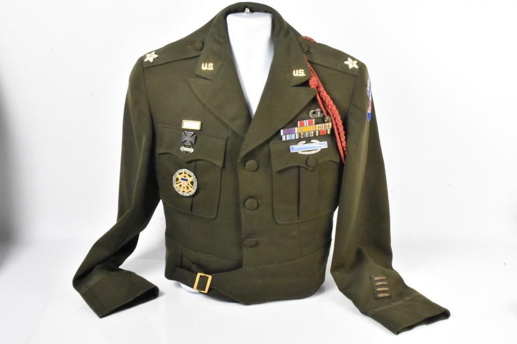 US 11th Airborne Jacket: Private purchase. Lieutenant General's Ike WWII jacket with sterling silver paratrooper badge and sterling silver ribbon bar. Very nice officers jacket with bullion stars on each shoulder sewn to the 