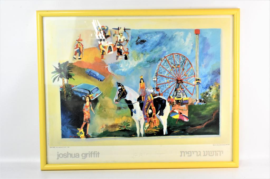 Joshua Griffit Native American Scene Poster Print: A Joshua Griffit singed(?) poster measuring approx. 26.75"l by 21"h, not including frame